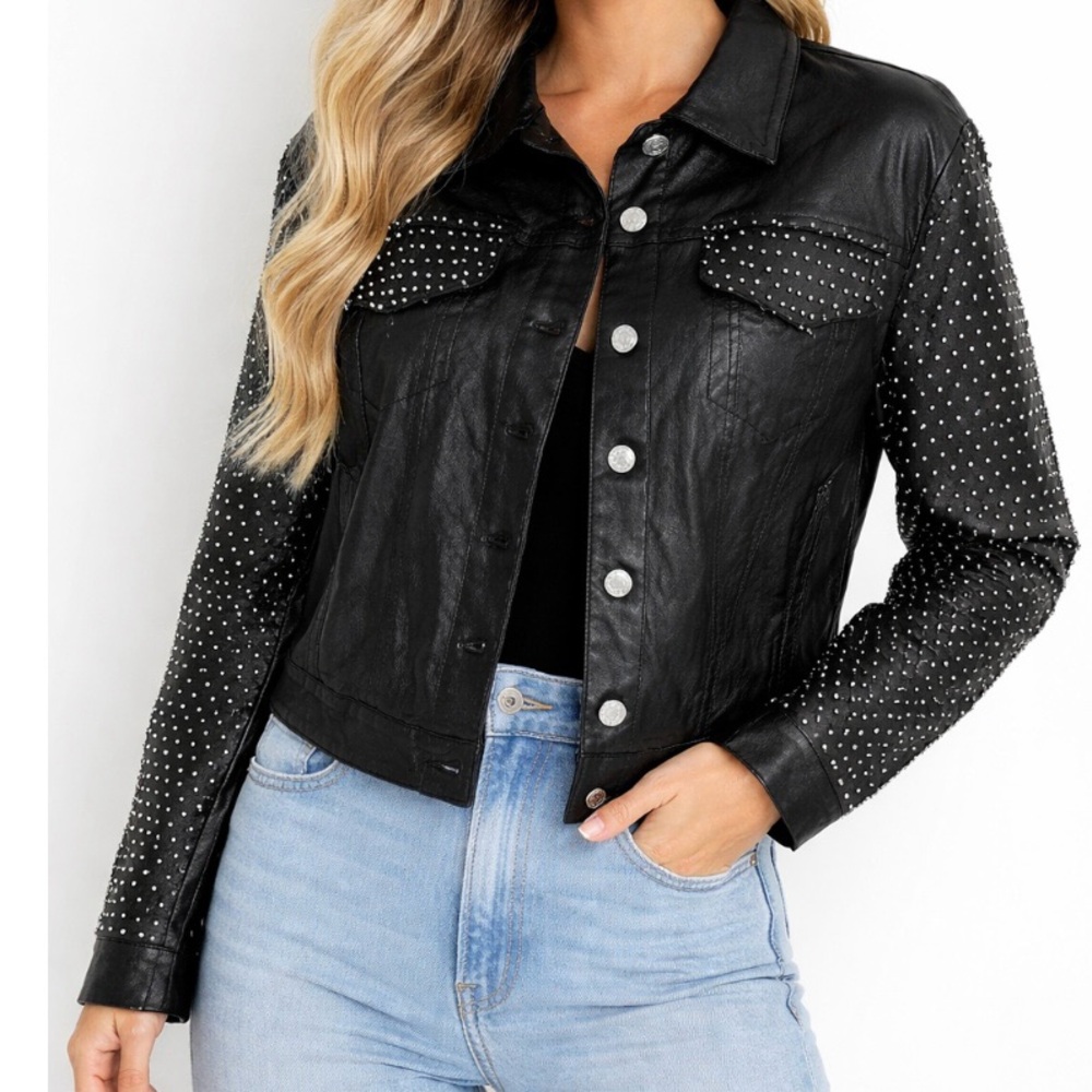 Akira Ammo Rhinestone Jacket L Black Faux Leather Rocker Chic